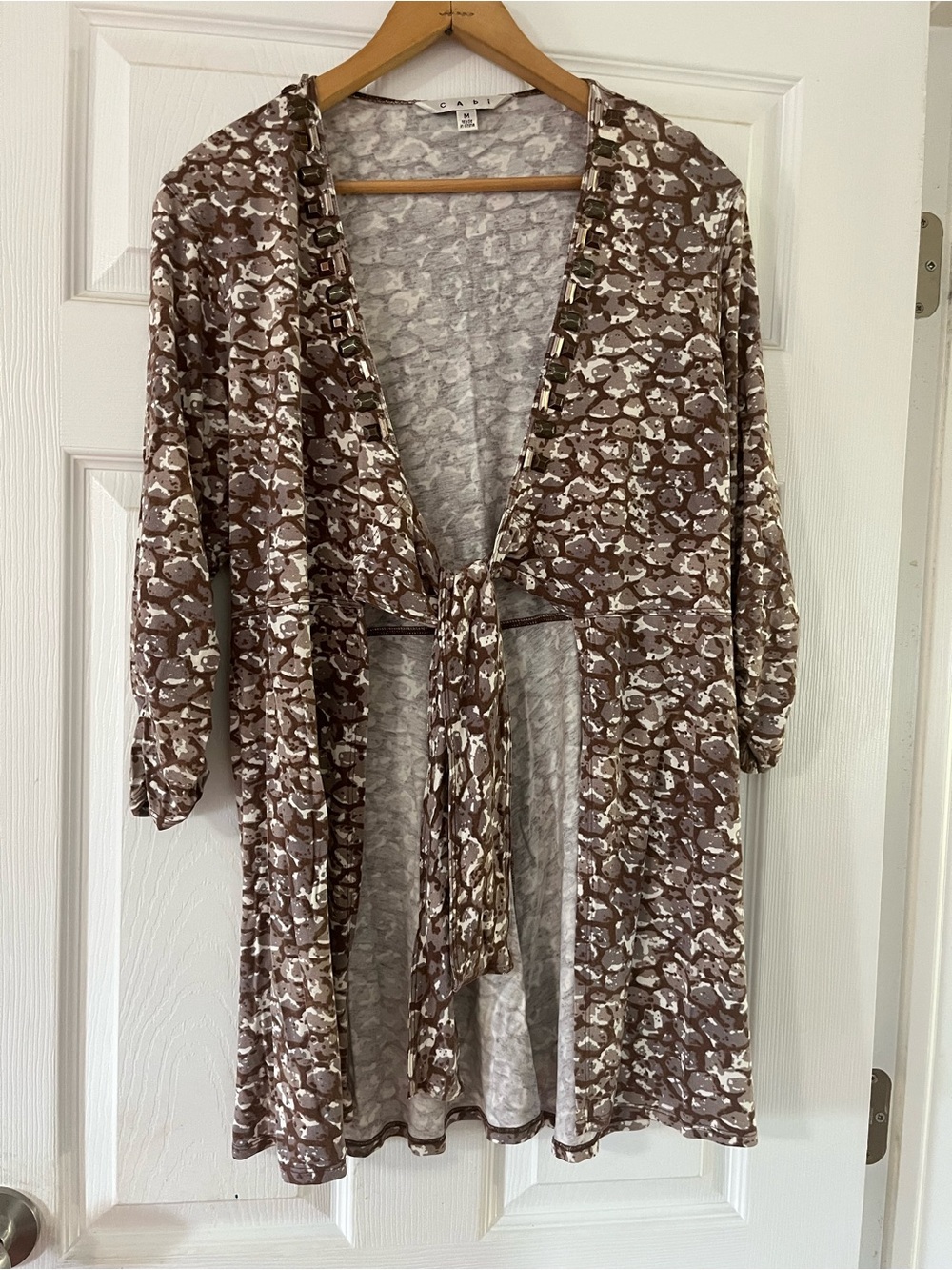 CAbi Brown Cream Printed Tie-Front Cardigan with Metallic Trim